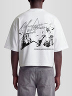 Man model wearing the Rodeo Heavyweight Boxy Tee in White with cowgirl and bull rider western graphic — Monaco Social Club Country Heritage Series streetwear