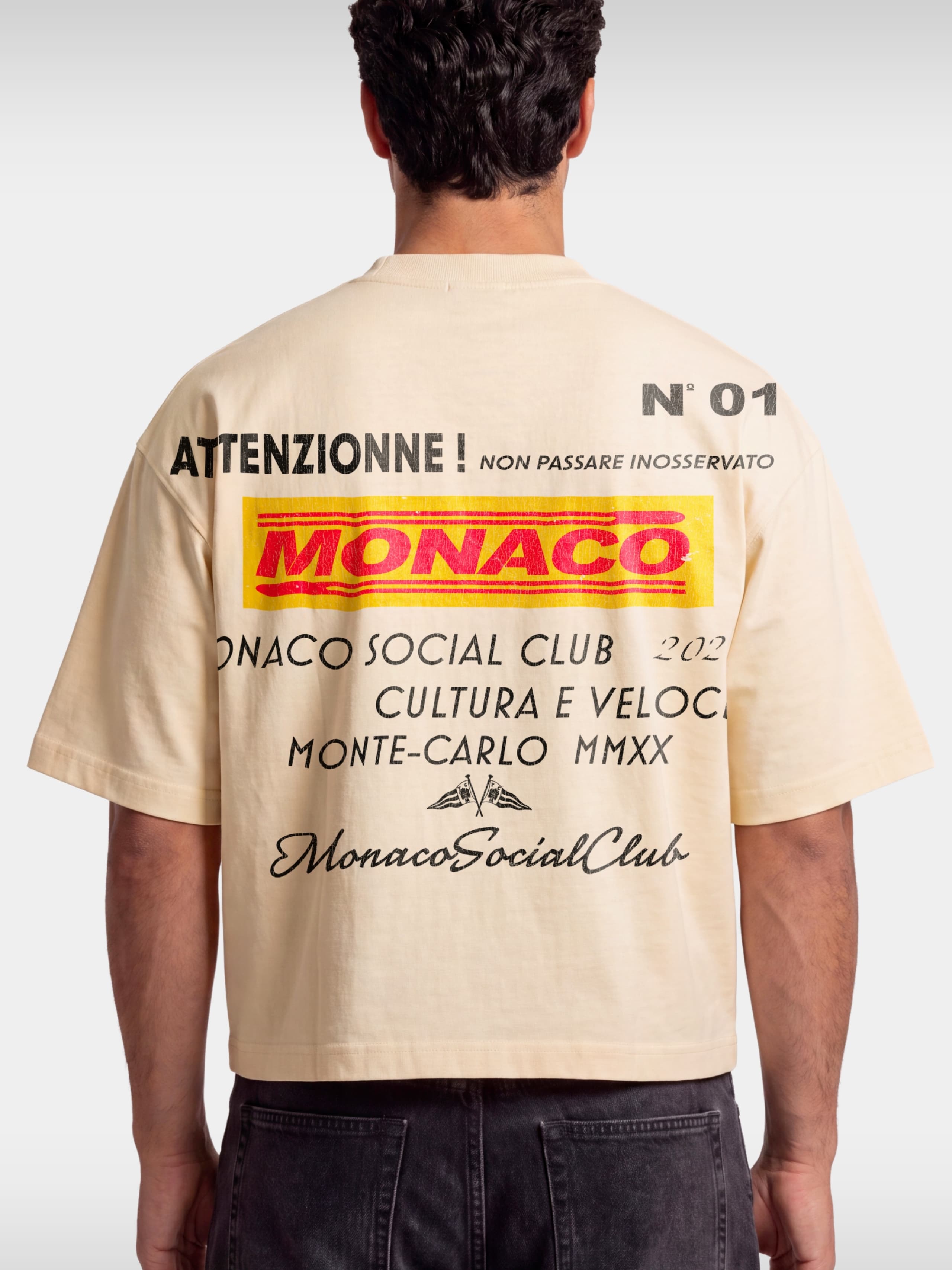Monaco Trackside ivory boxy tee worn by model, back view with full racing text and flag graphic.
