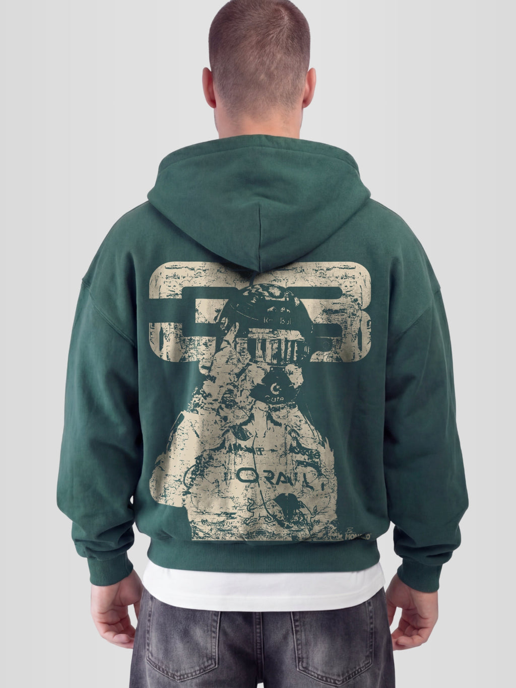 On man model Racer No. 33 Heavyweight Full-Zip Hoodie in Faded Black with tonal racing driver graphic — Monaco Social Club streetwear