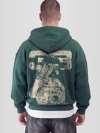 On man model Racer No. 33 Heavyweight Full-Zip Hoodie in Faded Black with tonal racing driver graphic — Monaco Social Club streetwear
