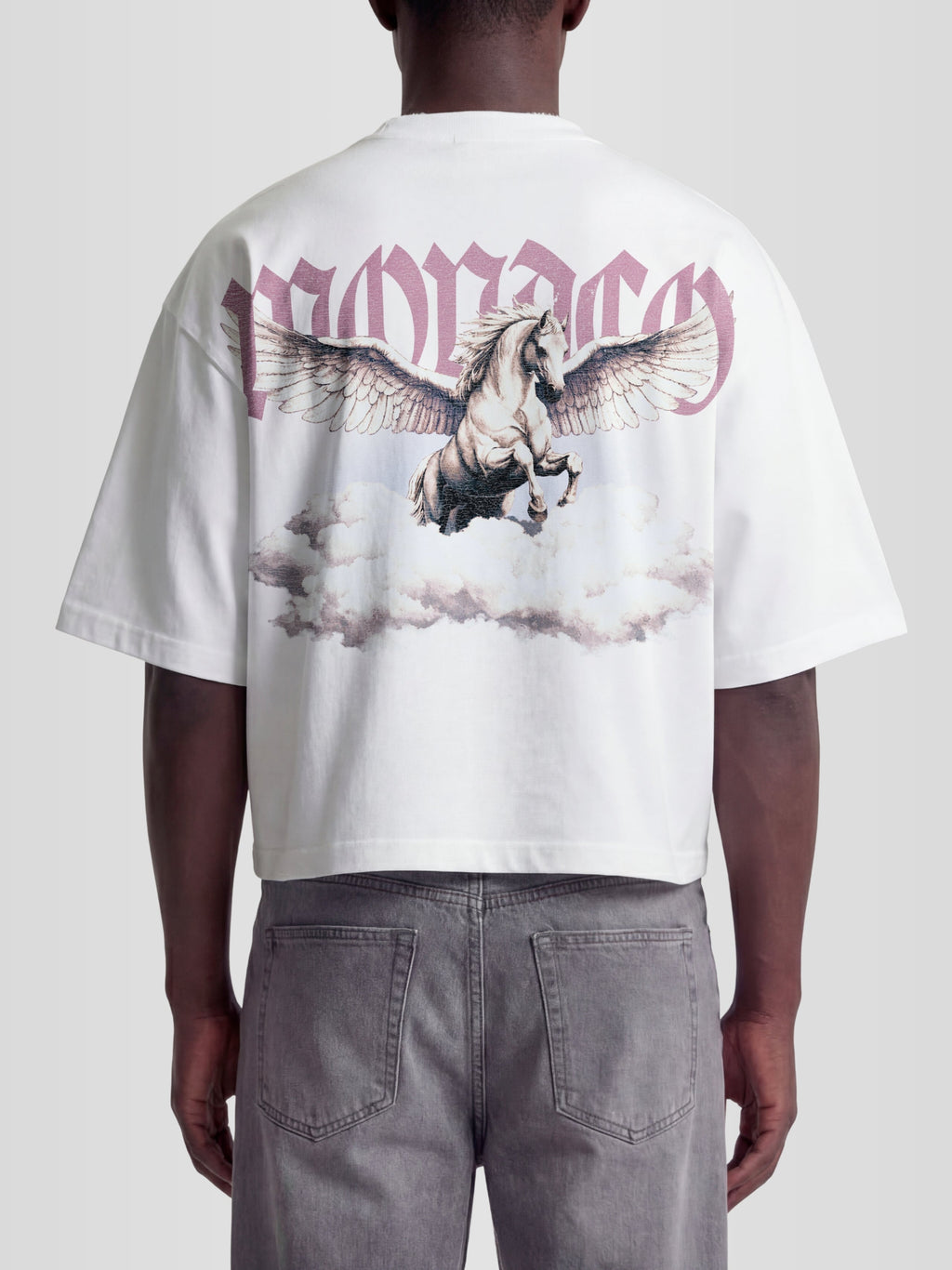 Man model wearing the Olympus Heavyweight Boxy Tee in White with Pegasus rising through clouds under gothic Monaco lettering — Monaco Social Club streetwear