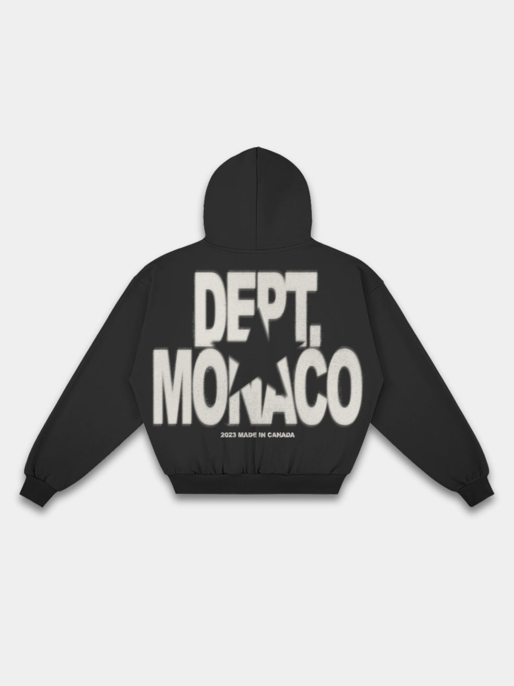Blur Dept. Heavyweight Full-Zip Hoodie in Faded Black with stacked Monaco typography and star graphic — Monaco Social Club streetwear