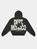 Blur Dept. Heavyweight Full-Zip Hoodie in Faded Black with stacked Monaco typography and star graphic — Monaco Social Club streetwear