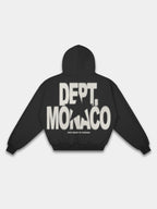 Blur Dept. Heavyweight Full-Zip Hoodie in Faded Black with stacked Monaco typography and star graphic — Monaco Social Club streetwear