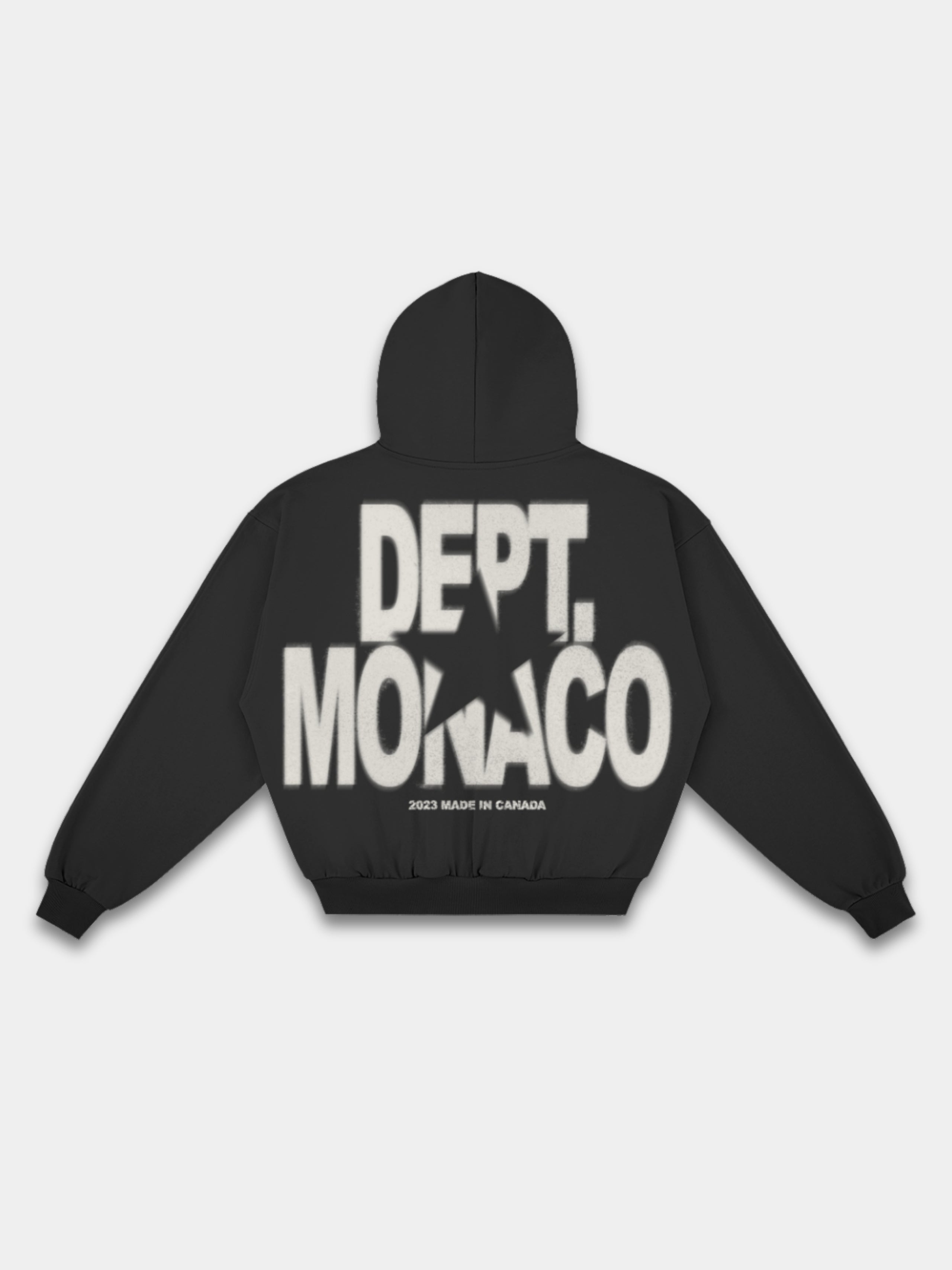 Blur Dept. Heavyweight Full-Zip Hoodie in Faded Black with stacked Monaco typography and star graphic — Monaco Social Club streetwear
