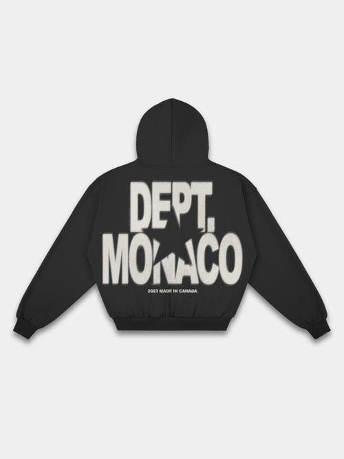 Blur Dept. Heavyweight Full-Zip Hoodie in Faded Black with stacked Monaco typography and star graphic — Monaco Social Club streetwear