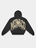 The Varsity Heavyweight Full-Zip Hoodie in Black with arched Monaco graphic — Monaco Social Club streetwear