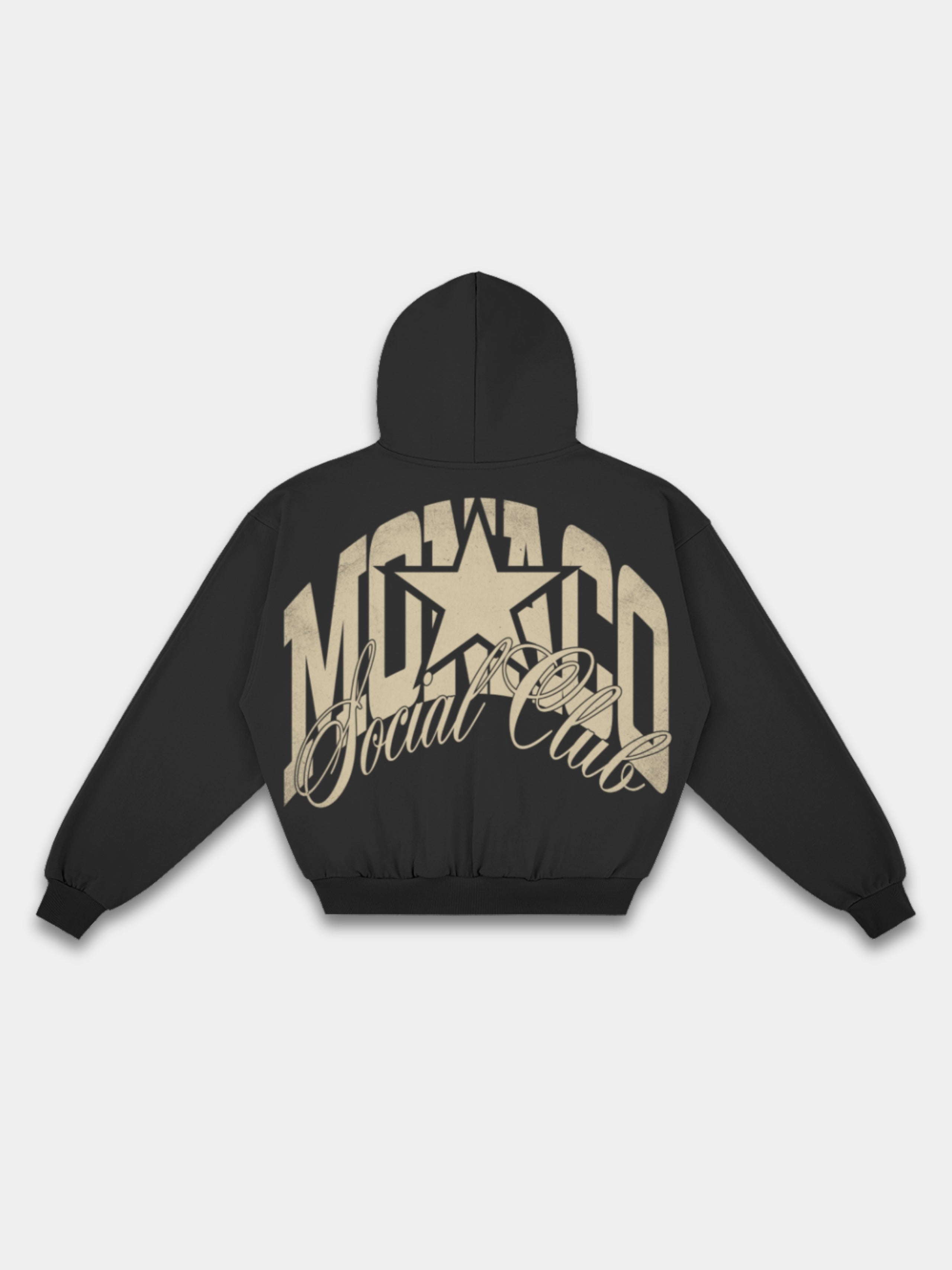 The Varsity Heavyweight Full-Zip Hoodie in Black with arched Monaco graphic — Monaco Social Club streetwear