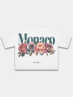 Monaco Bloom white boxy tee, back view with rose graphic and gothic Social Club lettering.
