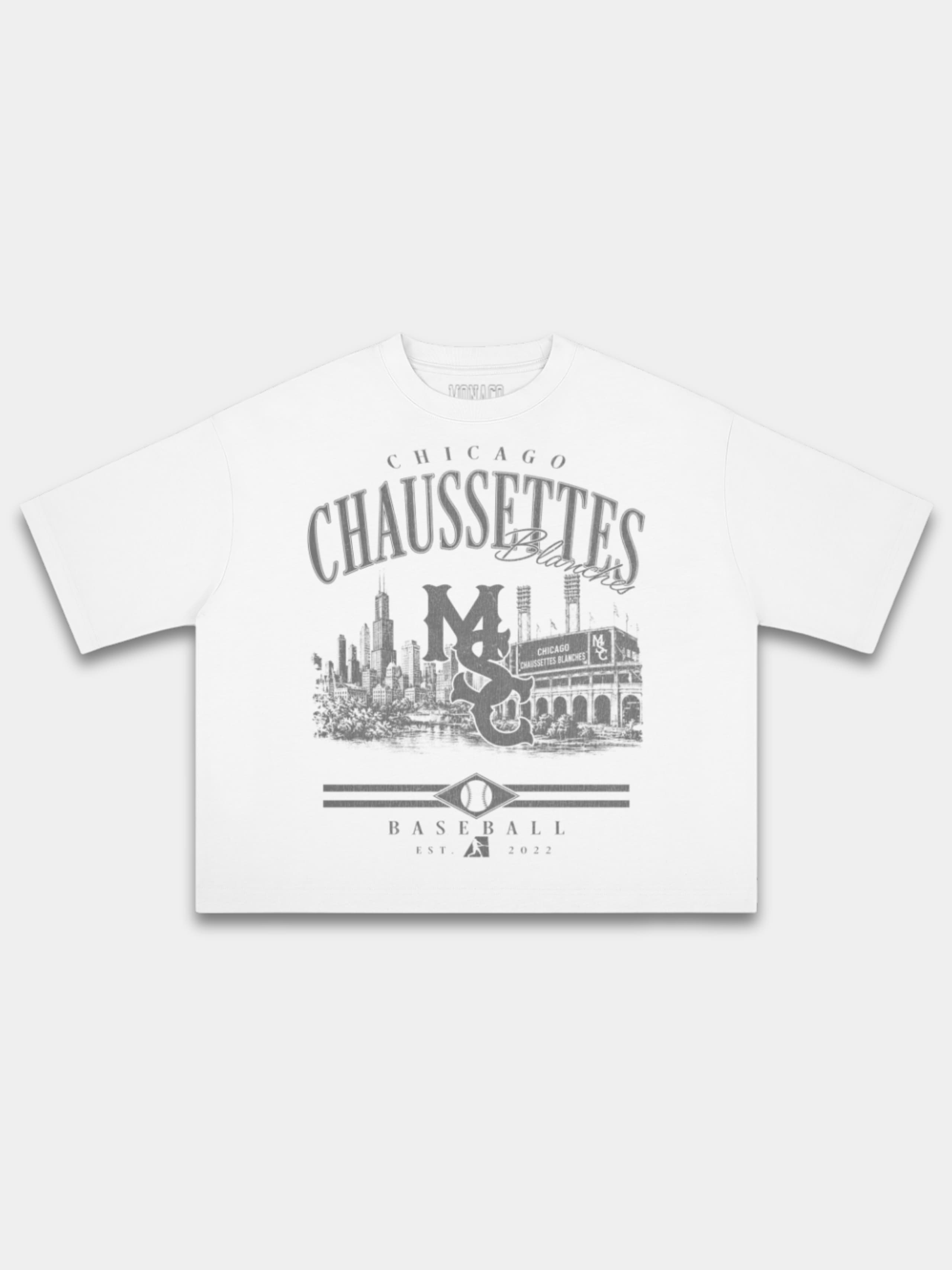 White Chaussettes boxy tee, front view with Chicago Chaussettes Blanches ballpark print.
