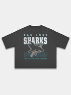 Black San Jose Sharks heavyweight boxy tee, front view with teal and white hockey graphic.