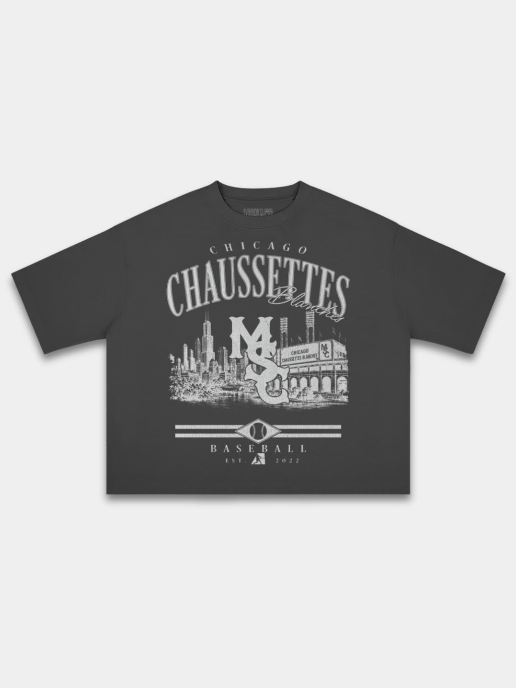 Monaco Chaussettes black heavyweight boxy tee, front view with skyline and stadium graphic.