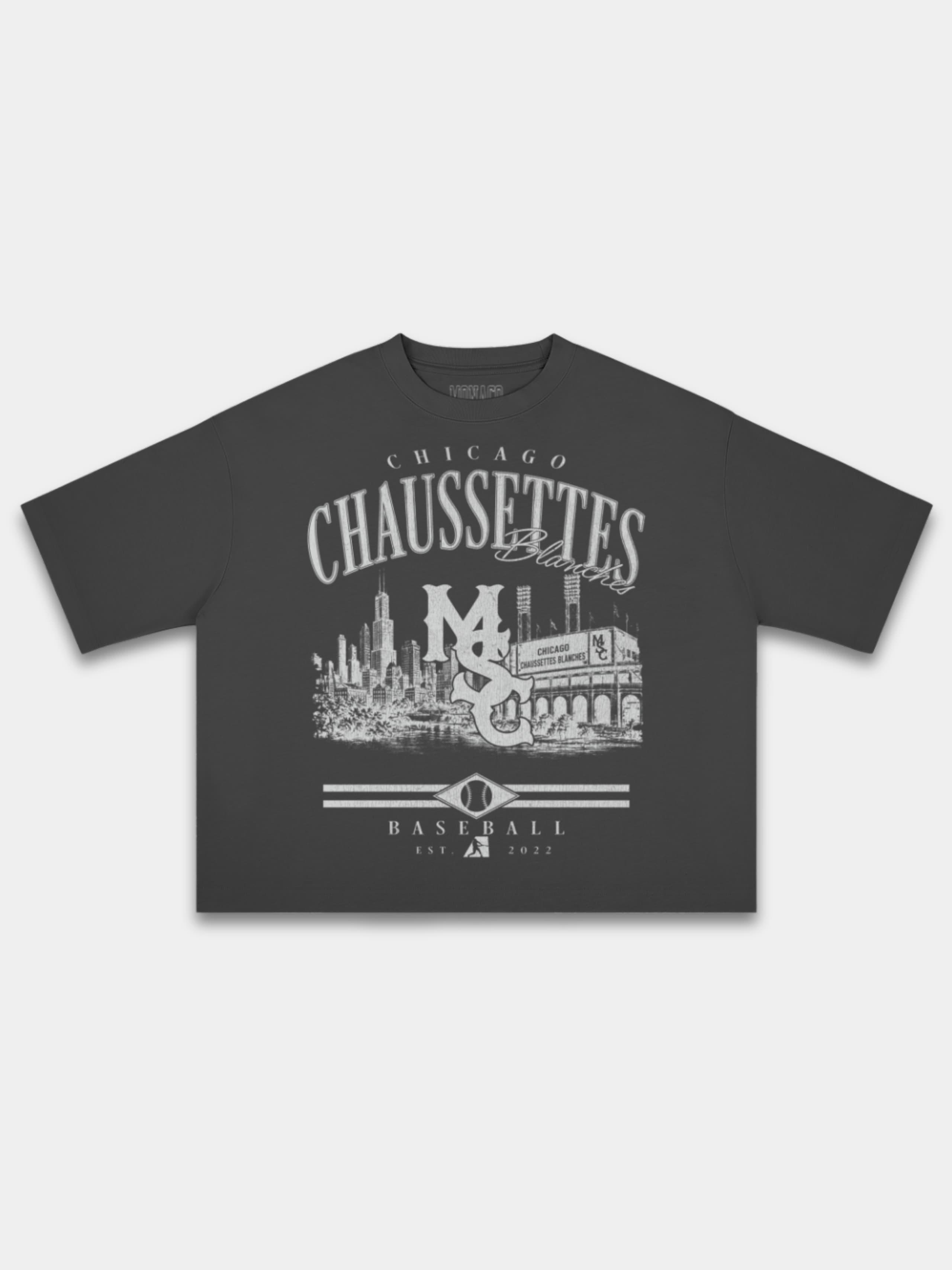 Monaco Chaussettes black heavyweight boxy tee, front view with skyline and stadium graphic.