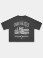 Monaco Chaussettes black heavyweight boxy tee, front view with skyline and stadium graphic.