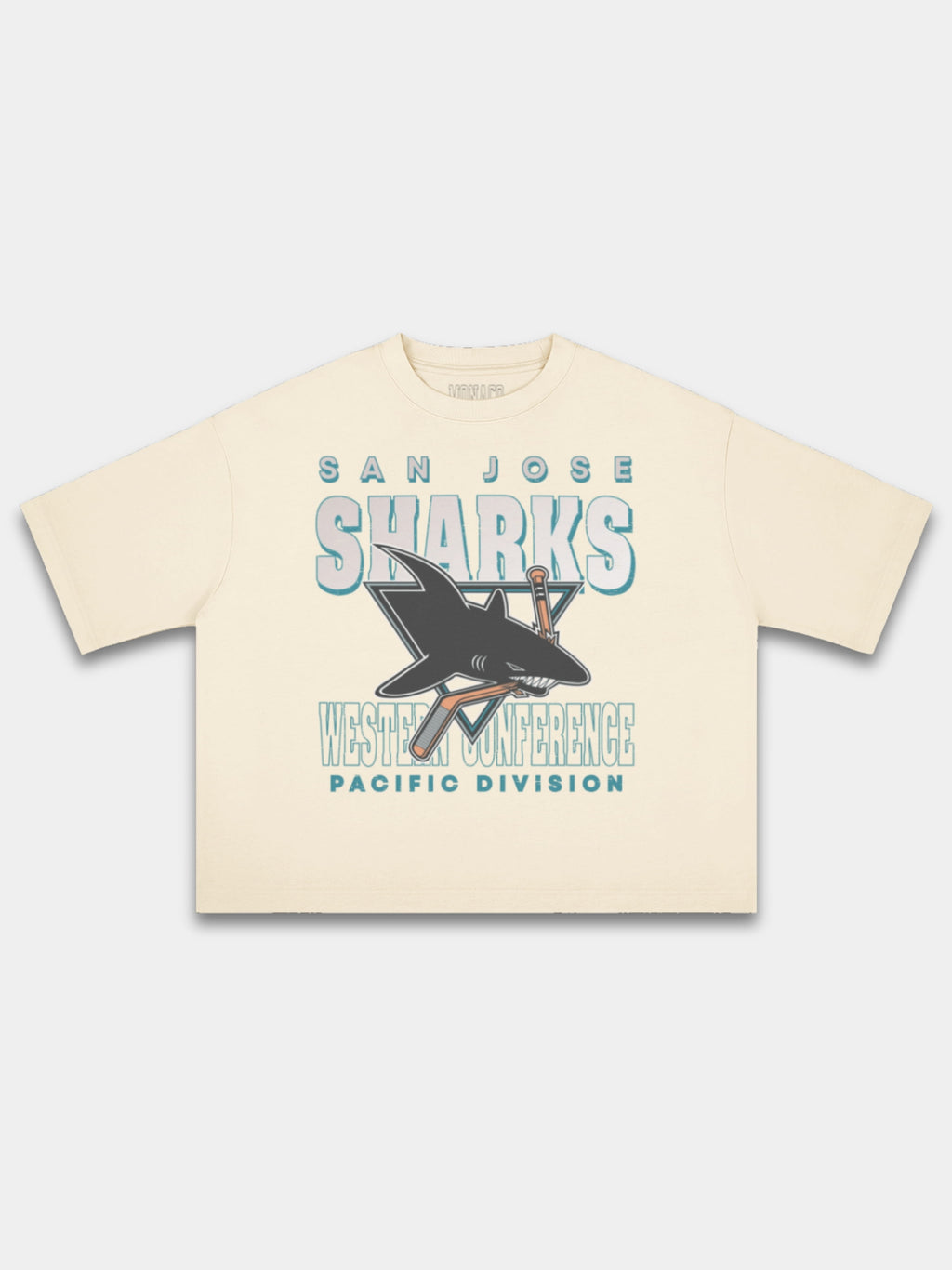 Monaco ivory Sharks vintage tee, front view with faded shark logo and teal block lettering.