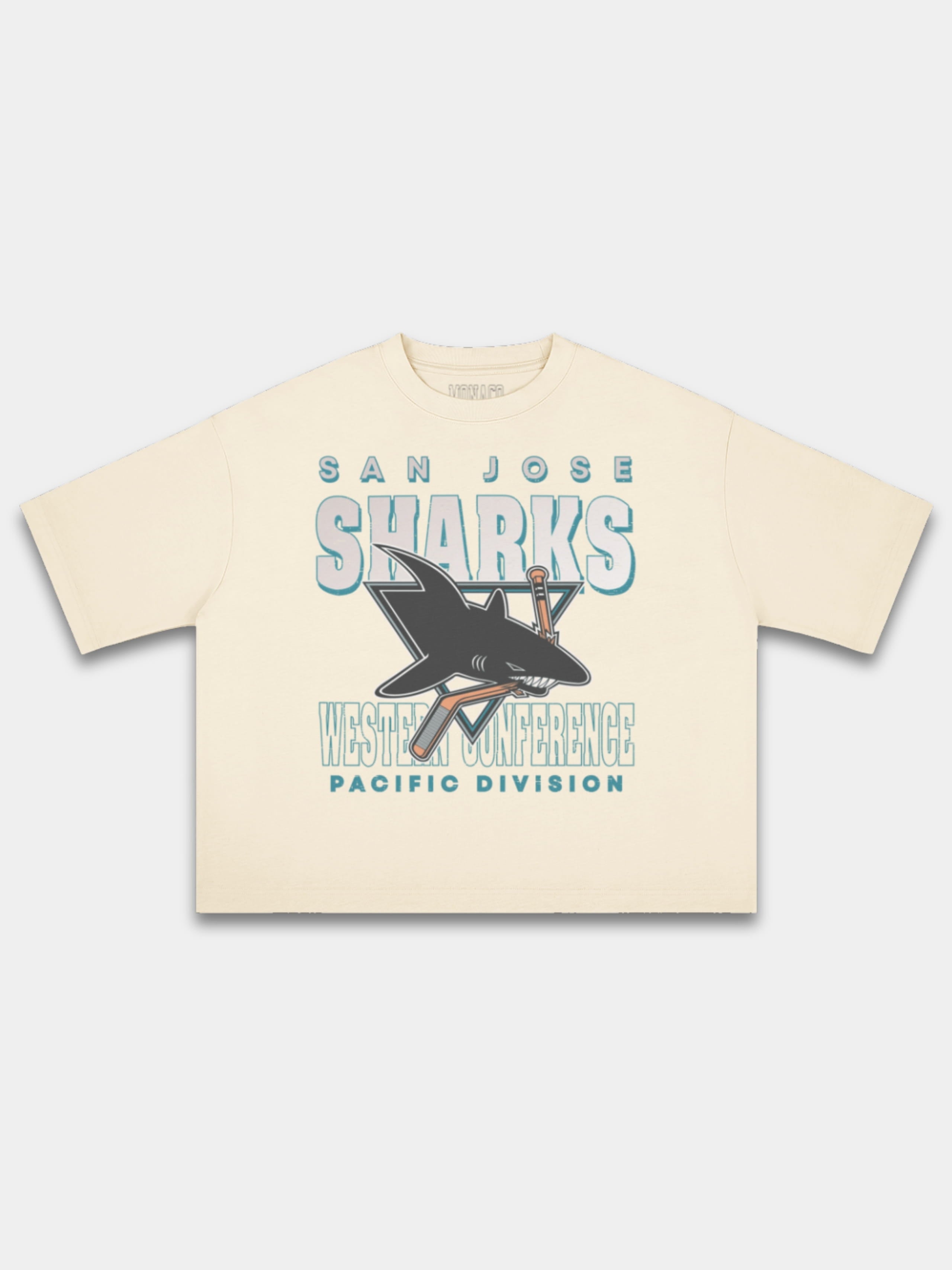 Monaco ivory Sharks vintage tee, front view with faded shark logo and teal block lettering.