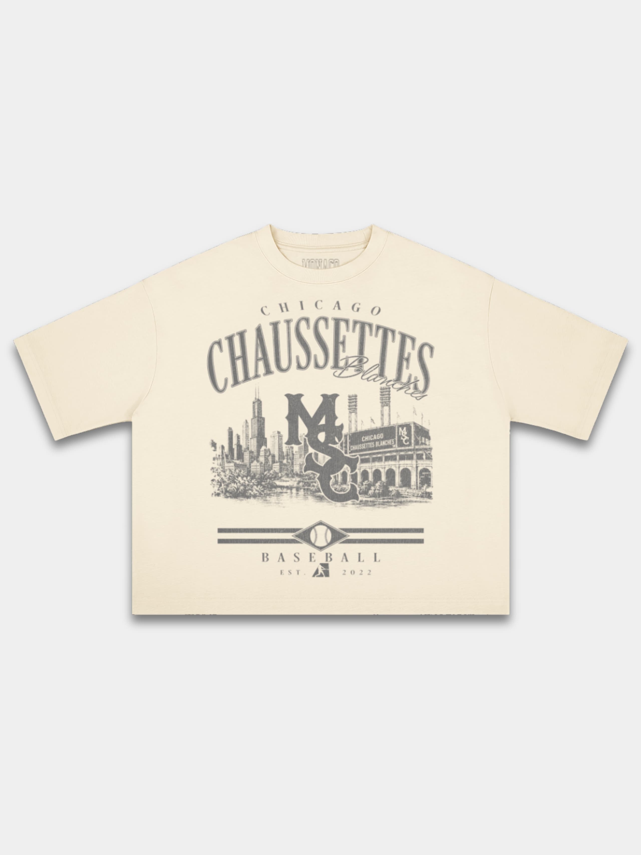 Ivory Monaco Chaussettes boxy tee, front view with arched lettering and baseball diamond crest.