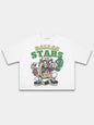 White Dallas Stars Taz tee, front view with Taz holding a hockey stick and green glove.