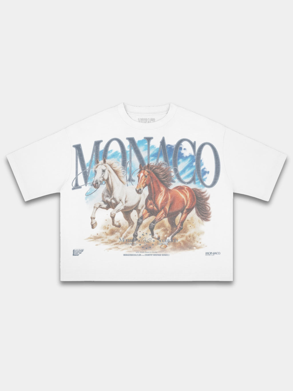 White Run Wild boxy tee, front view with Monaco Country Heritage galloping horse graphic.