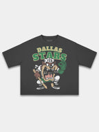 Black Taz Dallas Stars heavyweight boxy tee, front view with distressed vintage cartoon print.
