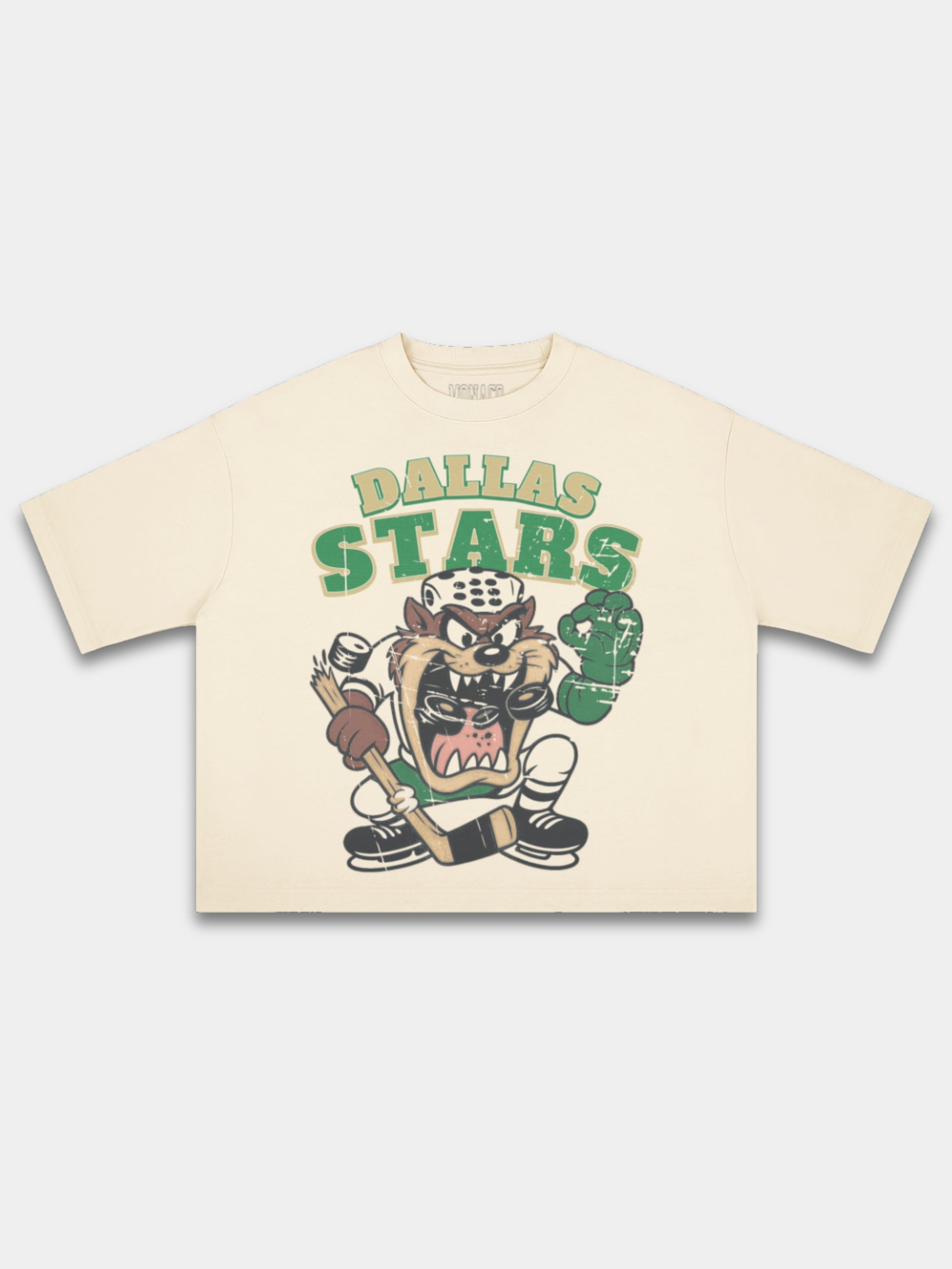 Ivory Dallas Stars Taz boxy tee, front view with cartoon character in helmet and skates.
