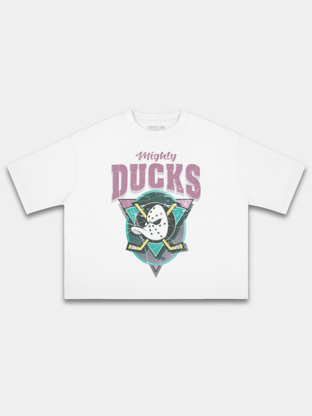 White Mighty Ducks tee, front view with distressed duck mask, triangle and yellow hockey sticks.