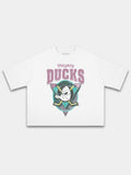 White Mighty Ducks tee, front view with distressed duck mask, triangle and yellow hockey sticks.