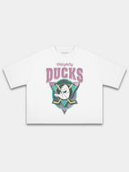 White Mighty Ducks tee, front view with distressed duck mask, triangle and yellow hockey sticks.