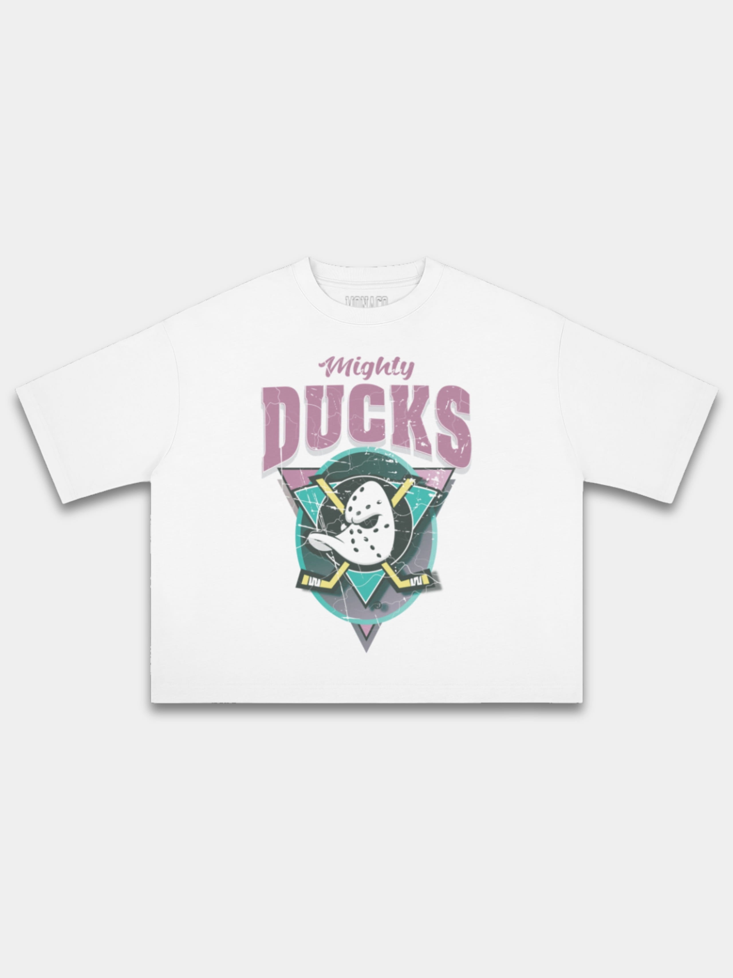 White Mighty Ducks tee, front view with distressed duck mask, triangle and yellow hockey sticks.