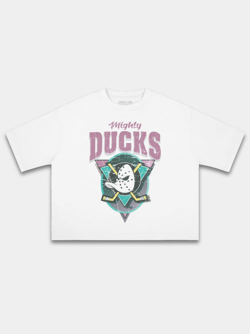 White Mighty Ducks tee, front view with distressed duck mask, triangle and yellow hockey sticks.