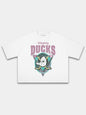 White Mighty Ducks tee, front view with distressed duck mask, triangle and yellow hockey sticks.