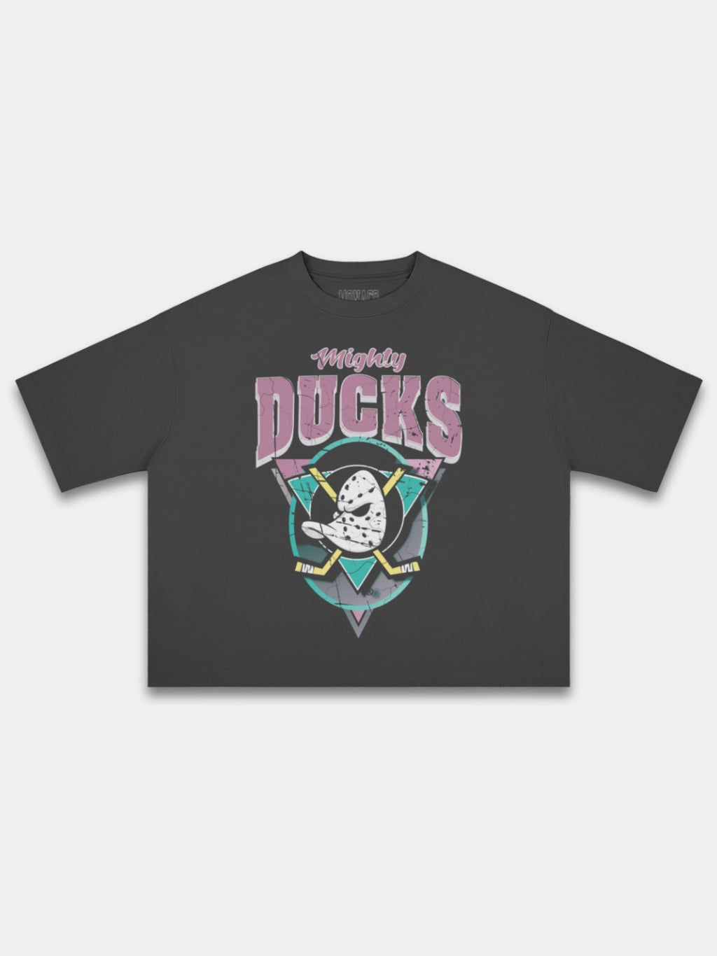 Black Mighty Ducks heavyweight boxy tee, front view with faded teal and pink hockey logo.