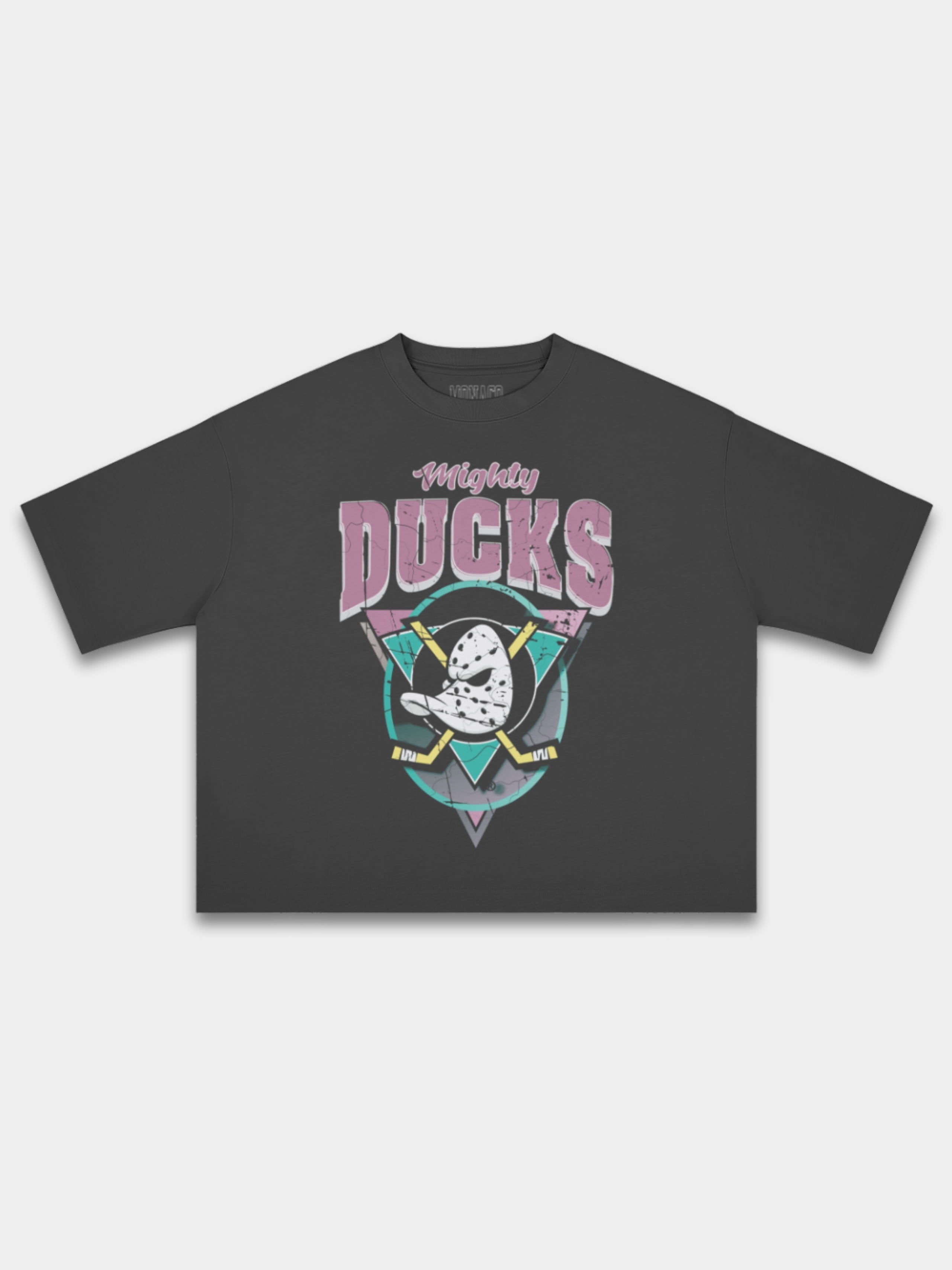 Black Mighty Ducks heavyweight boxy tee, front view with faded teal and pink hockey logo.
