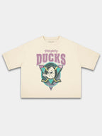 Ivory Mighty Ducks vintage tee, front view with duck mask logo and cracked retro print.