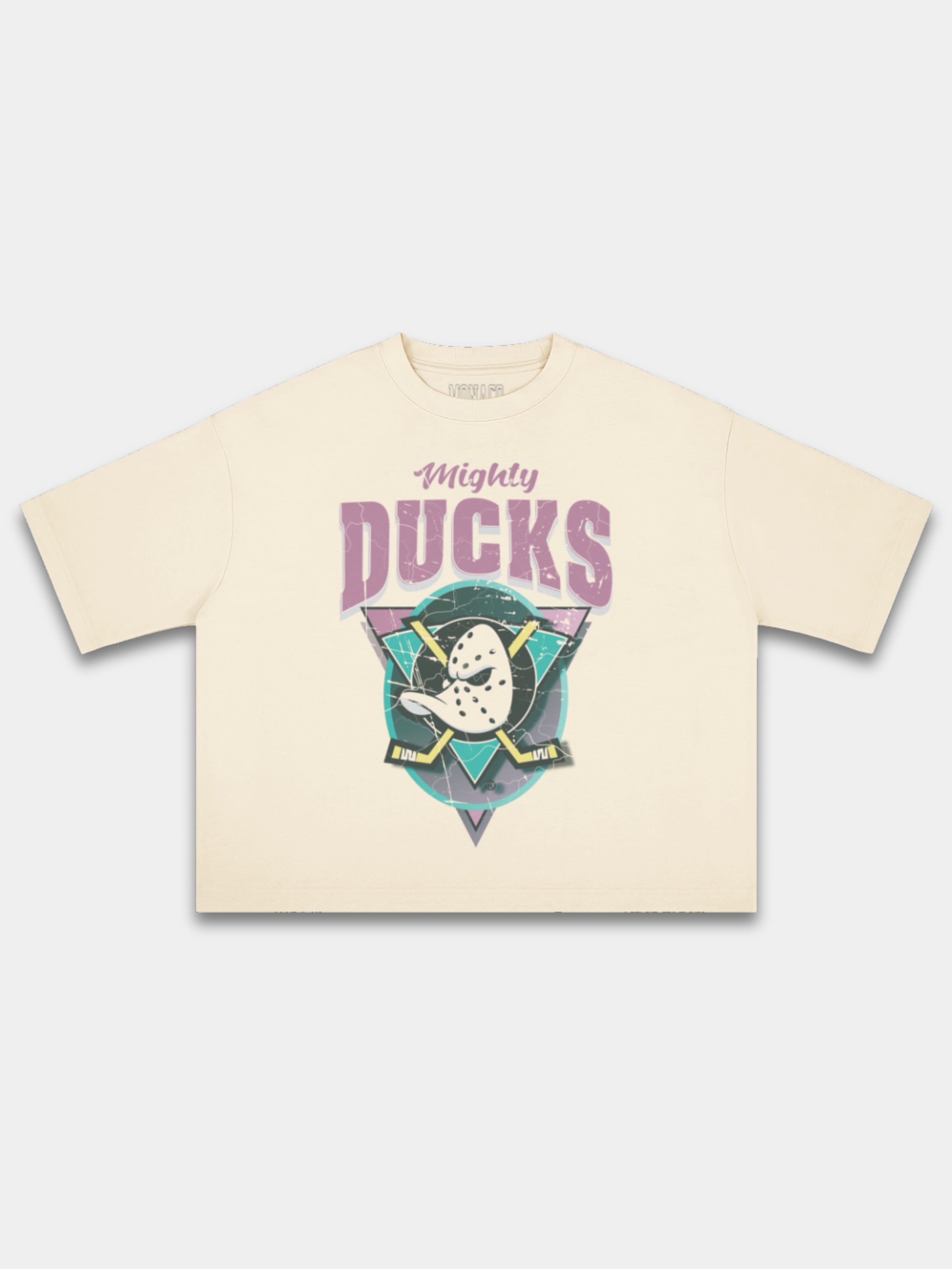Ivory Mighty Ducks vintage tee, front view with duck mask logo and cracked retro print.