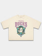 Ivory Mighty Ducks vintage tee, front view with duck mask logo and cracked retro print.