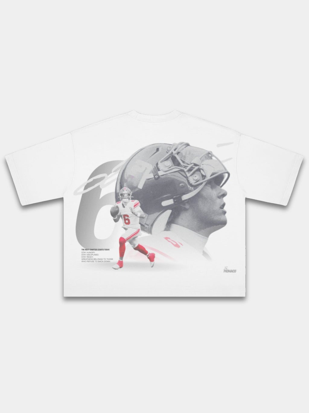 White Next Chapter tee, back view with helmet portrait, No. 6 player and motivational text.