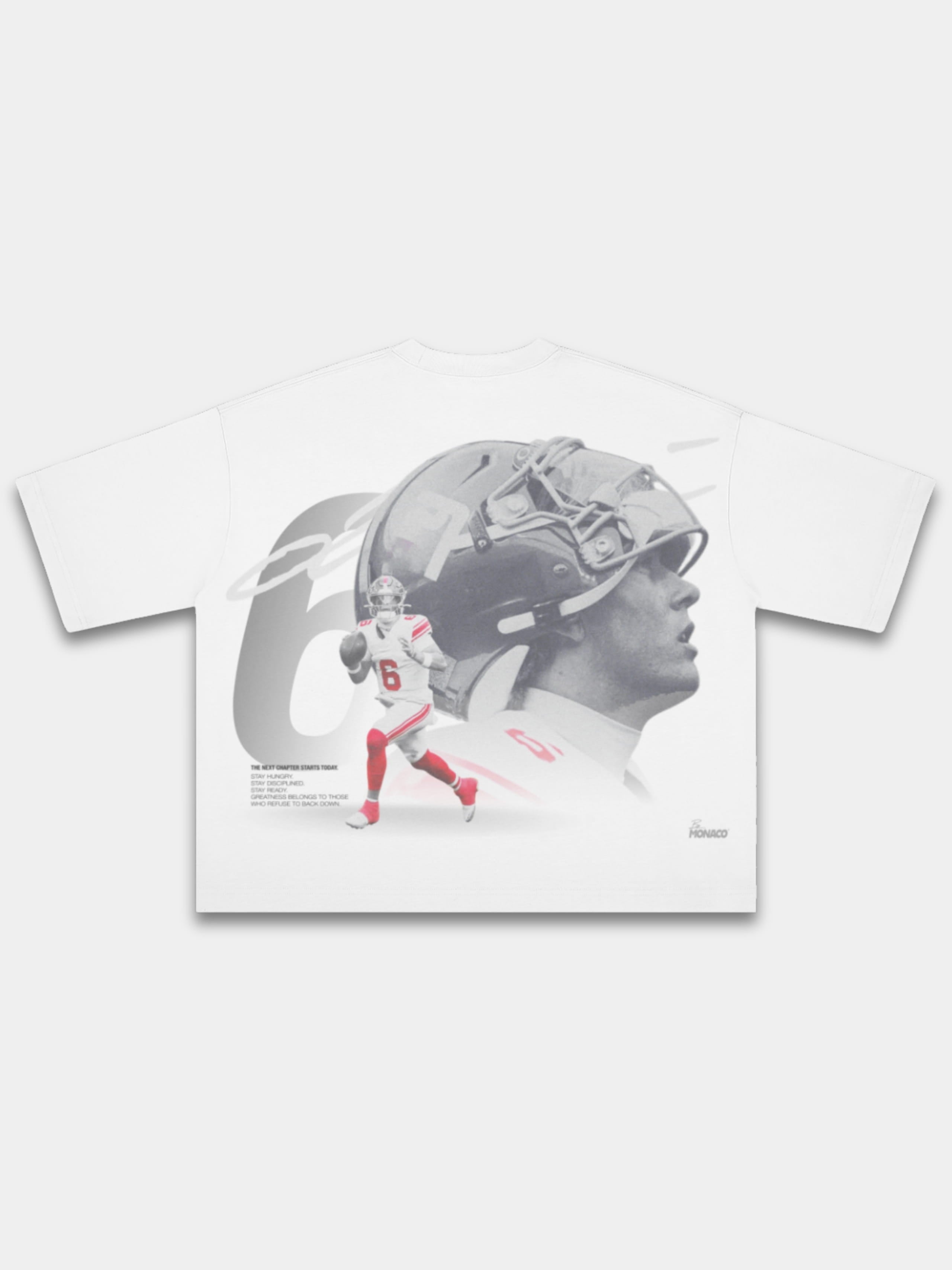 White Next Chapter tee, back view with helmet portrait, No. 6 player and motivational text.