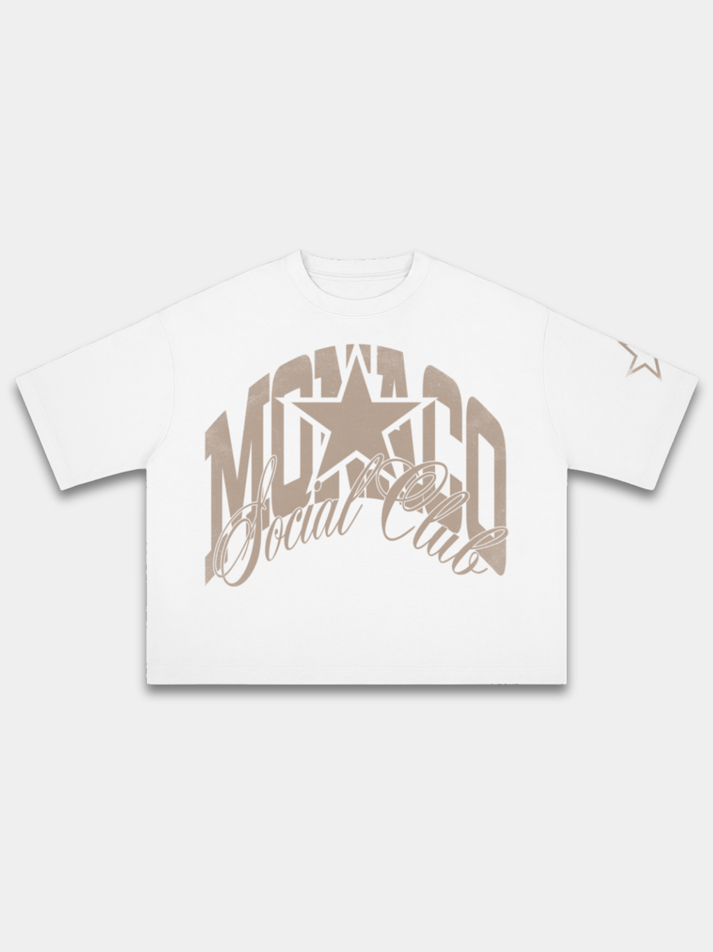 The Varsity Heavyweight Boxy Tee in White with arched Monaco varsity graphic and sleeve star detail — Monaco Social Club streetwear