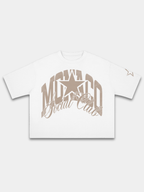 The Varsity Heavyweight Boxy Tee in White with arched Monaco varsity graphic and sleeve star detail — Monaco Social Club streetwear