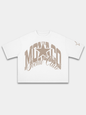 The Varsity Heavyweight Boxy Tee in White with arched Monaco varsity graphic and sleeve star detail — Monaco Social Club streetwear