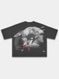 Black No. 6 Next Chapter heavyweight boxy tee, back view with red and greyscale football print.