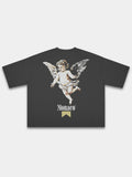 The Cherub Heavyweight Boxy Tee in Black with single angel and Monaco gold ribbon graphic — Monaco Social Club streetwear