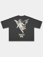 The Cherub Heavyweight Boxy Tee in Black with single angel and Monaco gold ribbon graphic — Monaco Social Club streetwear