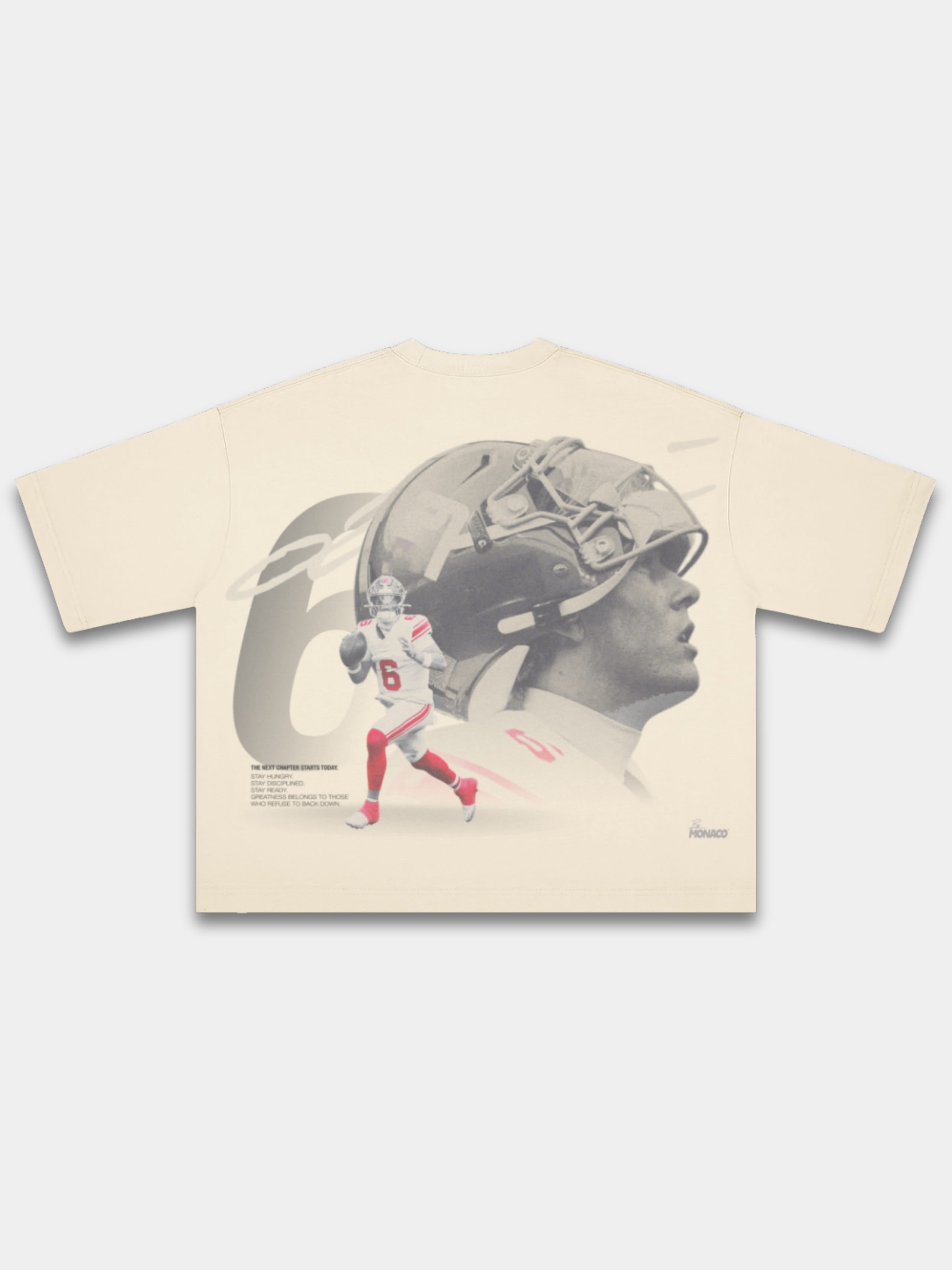 Ivory Next Chapter boxy tee by Monaco, back view with large 6 and football player graphic.