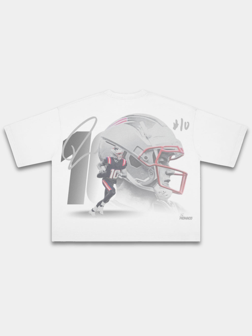 White Monaco No. 10 Franchise tee, back print with red-facemask helmet and quarterback in motion.