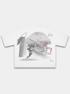 White Monaco No. 10 Franchise tee, back print with red-facemask helmet and quarterback in motion.