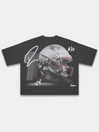 Monaco No. 10 Franchise boxy tee in black, back graphic with football helmet, No. 10 and signature.