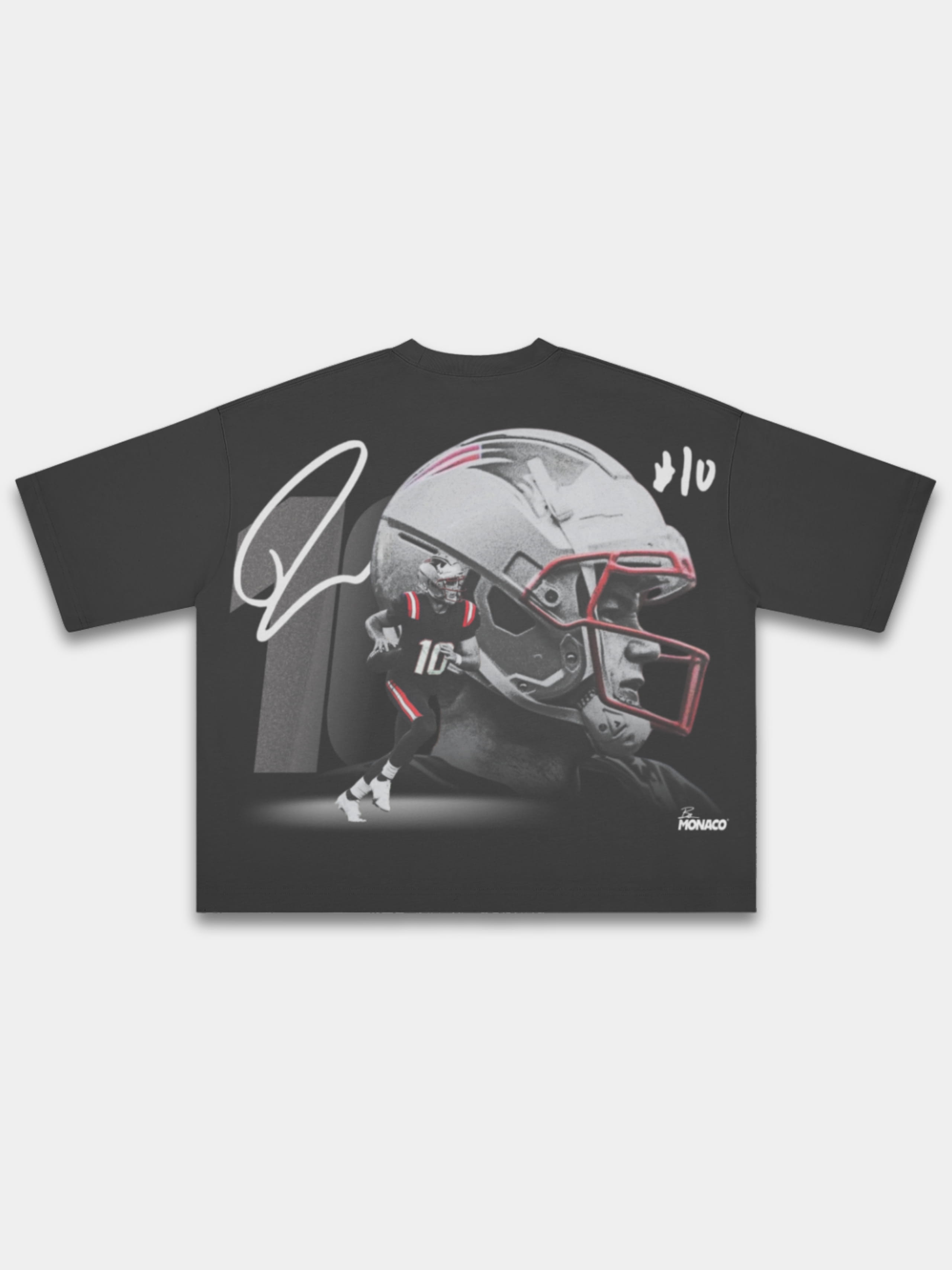 Monaco No. 10 Franchise boxy tee in black, back graphic with football helmet, No. 10 and signature.