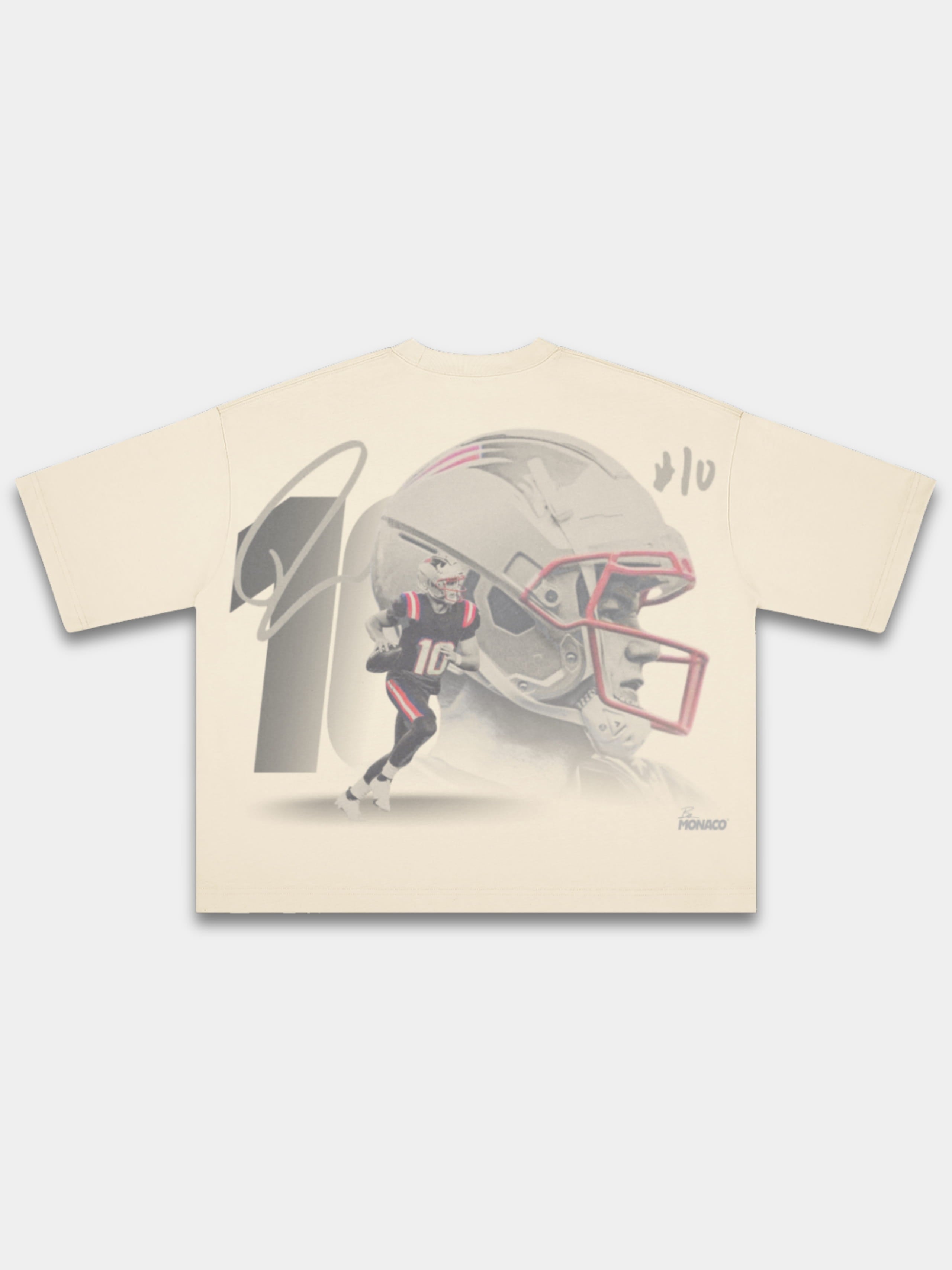 Monaco No. 10 Franchise heavyweight boxy tee in ivory, back view with helmet and quarterback graphic.